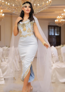 Blousa Moderne Bleu Ciel - Satin Doré et Voile Fin